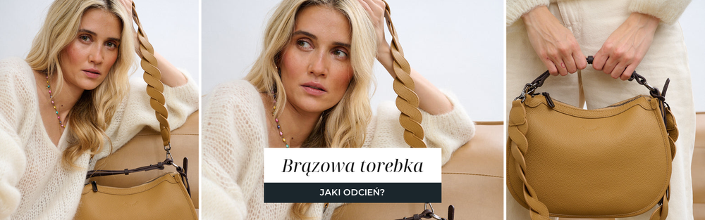 Karmelowa skórzana torebka z plecionym paskiem przy kremowym swetrze