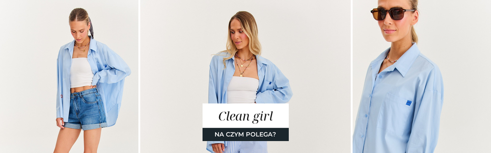 Jasna stylizacja w duchu clean girl: błękitna koszula i biały top