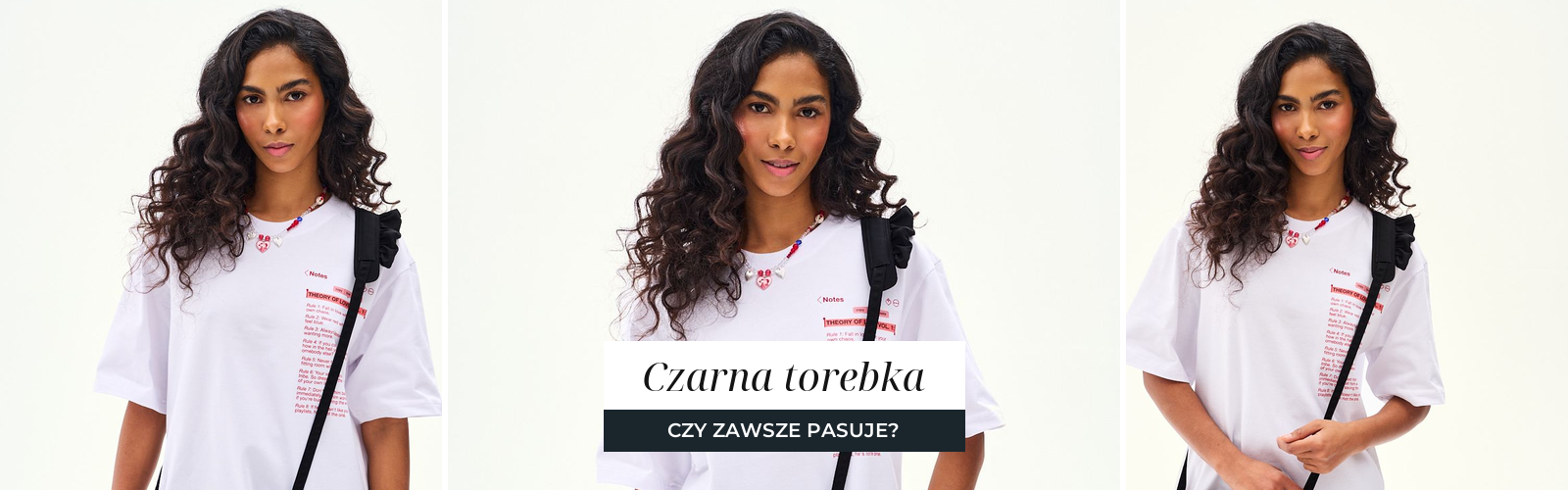 Czarna torebka na długim pasku noszona do białej koszulki