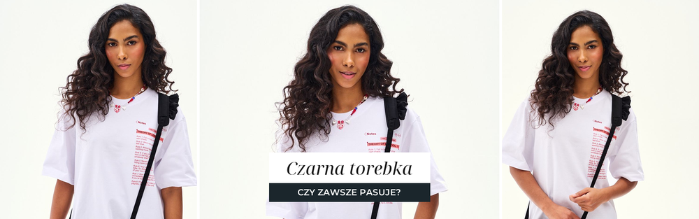 Czarna torebka na długim pasku noszona do białej koszulki
