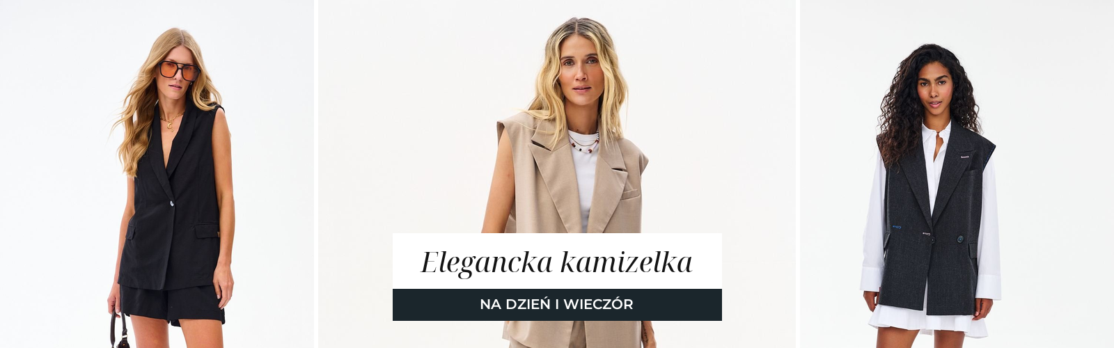 Trzy kamizelki garniturowe na białym tle: czarna z szortami, beżowa dwurzędowa ze spodniami i długa czarna na białej koszuli