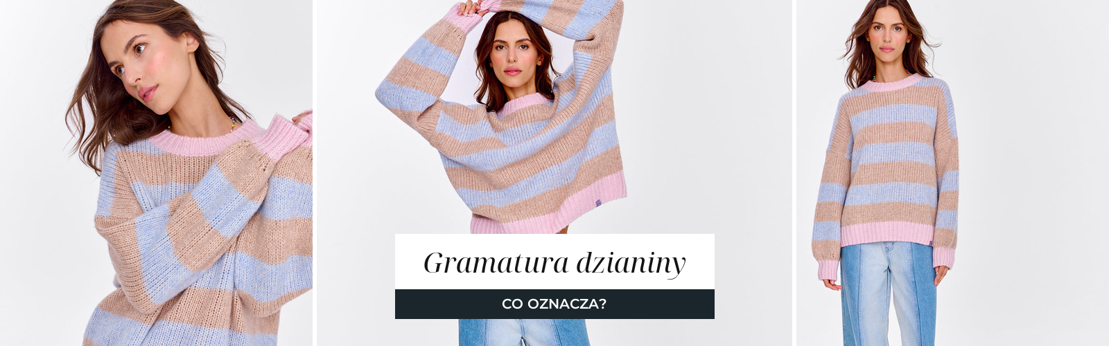 Sweter z wełny w szerokie pasy, widoczny gruby splot dzianiny