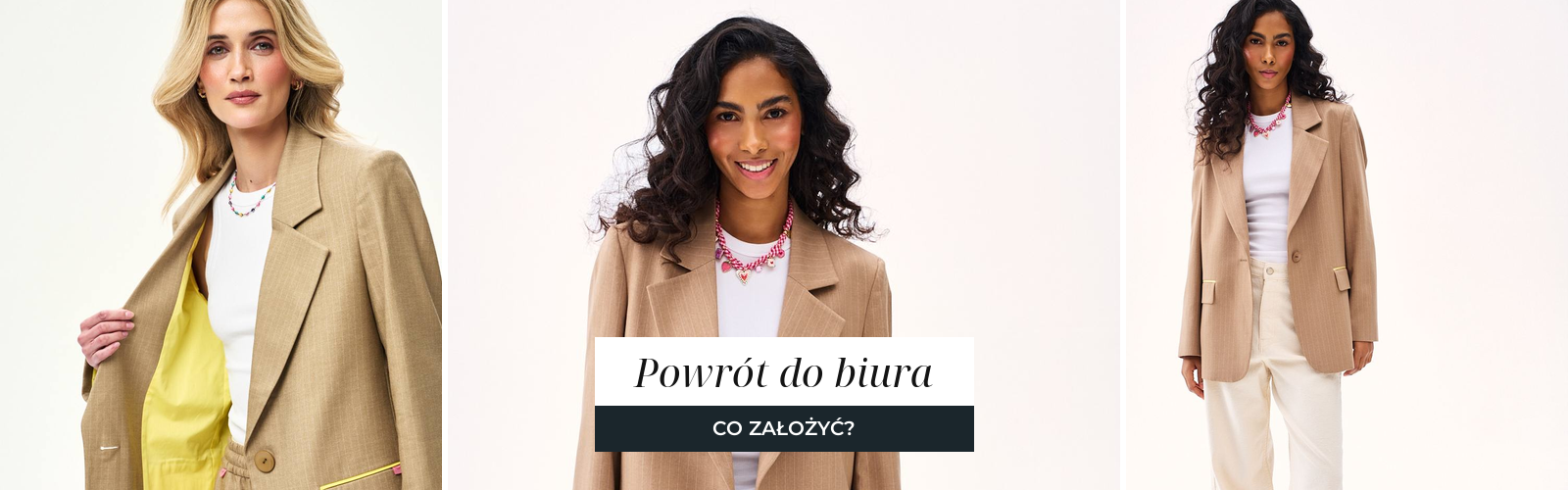 Beżowa marynarka i biały top w biurowej stylizacji