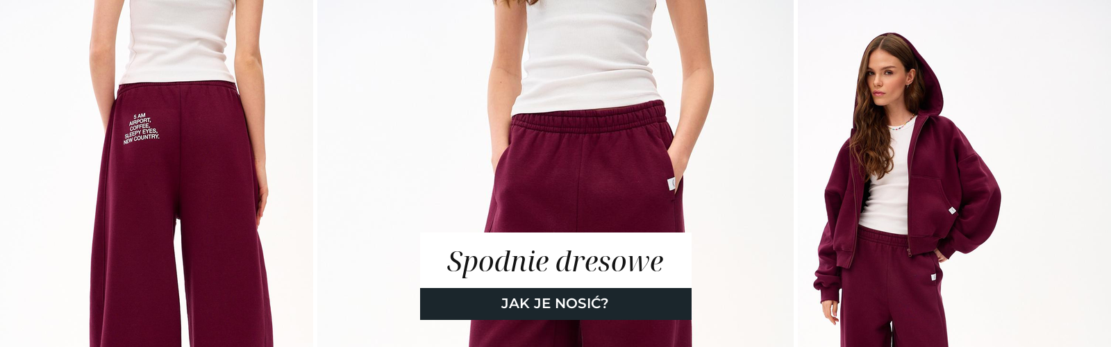 Szerokie spodnie dresowe w kolorze burgundu, ujęcia studyjne