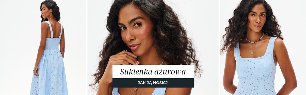 Kobieta w ażurowej sukience midi w naturalnym odcieniu, letnia stylizacja z dzianiny o fakturze ażuru.