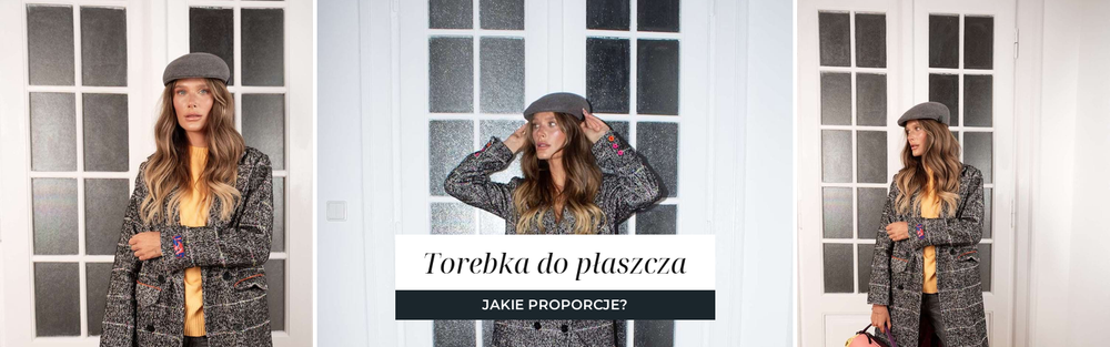 Szary tweedowy płaszcz do połowy łydki z torebką na pasku