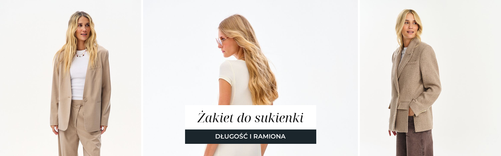 Beżowa marynarka z odpinanym kołnierzem, prążkowana sukienka dzianinowa z krótkim rękawem i marynarka z wełną w szarą jodełkę