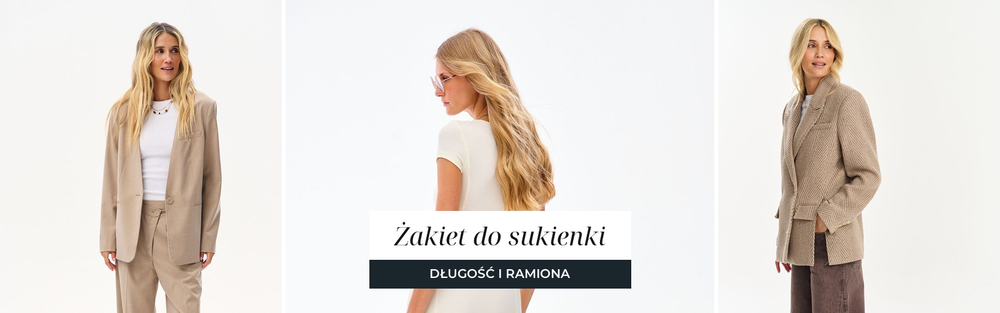 Beżowa marynarka z odpinanym kołnierzem, prążkowana sukienka dzianinowa z krótkim rękawem i marynarka z wełną w szarą jodełkę